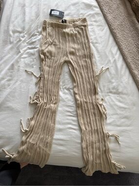 EGO Cream Ribbed Knit Tie-Detail Flared Pants